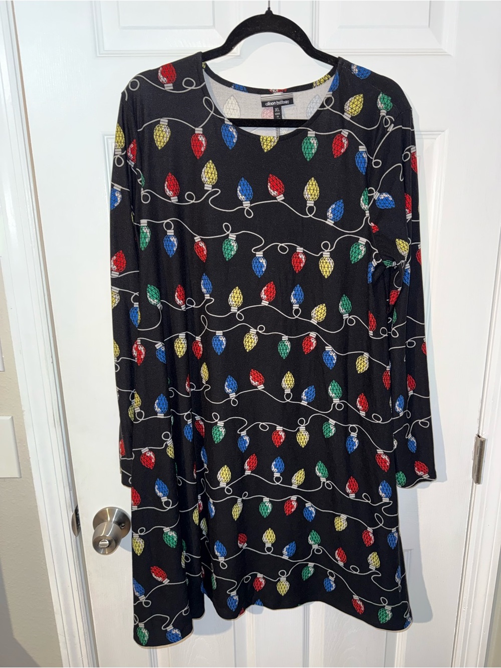 Allison Brittney Black dress  with red, Yellow, Green and Blue Christmas lights